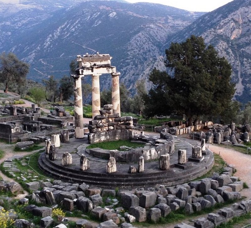 Delphi, on the slopes of Mount Parnassus, was the site of Apollo's main temple complex and the home to the 'Oracle' and the Omphalos stone