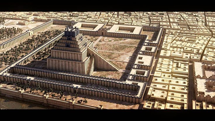 Artists rendering of how ziggurats and cities in mesopotamia would have looked